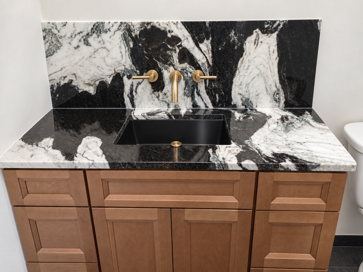 Custom black and white marble bathroom vanity installed in Maryland
