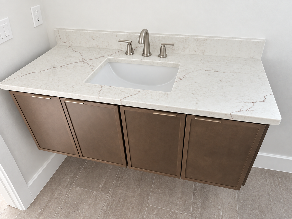 Custom quartzite bathroom vanity fabricated and installed in Maryland