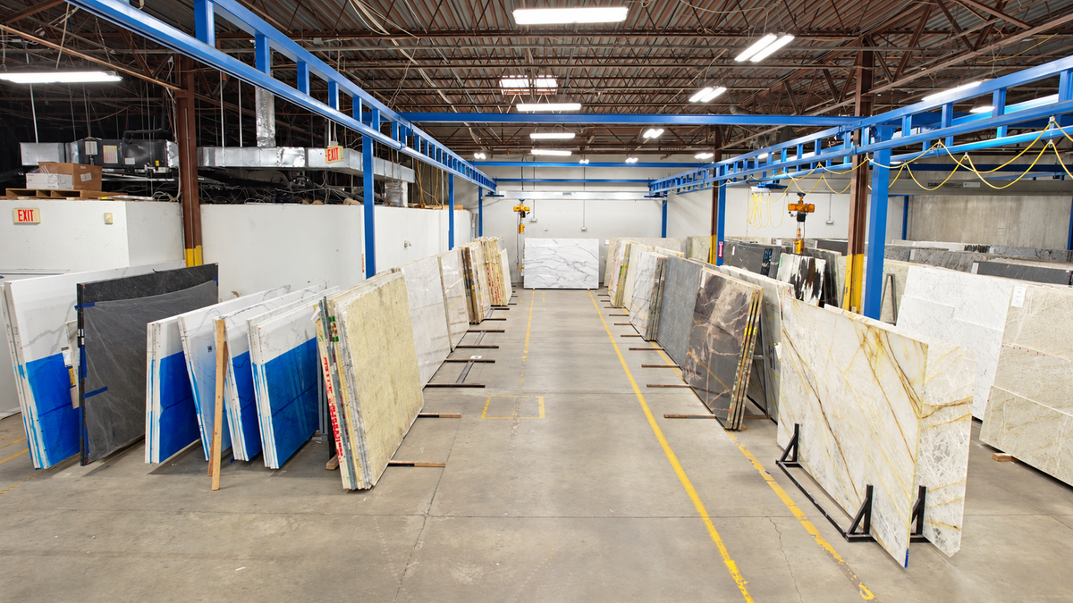 Granite quartzite and marble slabs at Classic Granite & Marble warehouse in Jessup Maryland